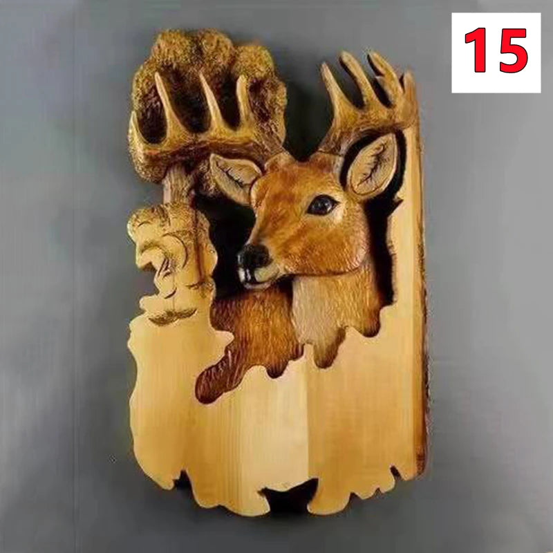 Animal carving handcraft wall hanging sculpture wooden raccoon bear deer fox wolf hand drawn decoration home living