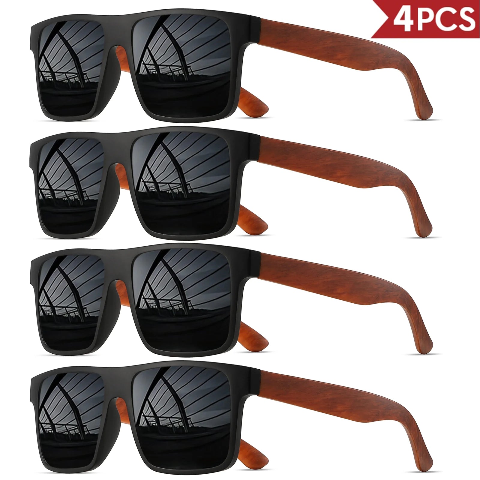 4pcs polarized retro square sunglasses - mahogany wood grain temples & spring hinges uv400 for driving/travel/outdoor