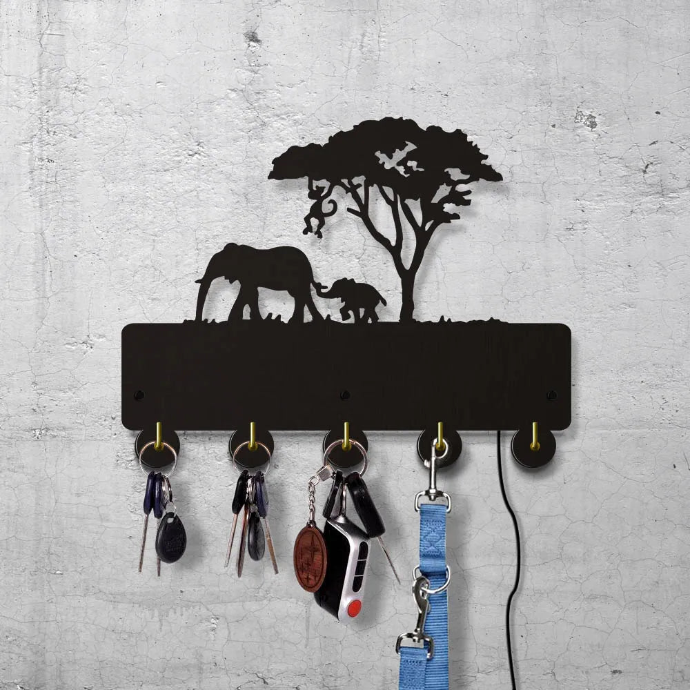 Elephant family handicraft wooden wall decor hanging key holder decorative organizer rack with 5 hooks
