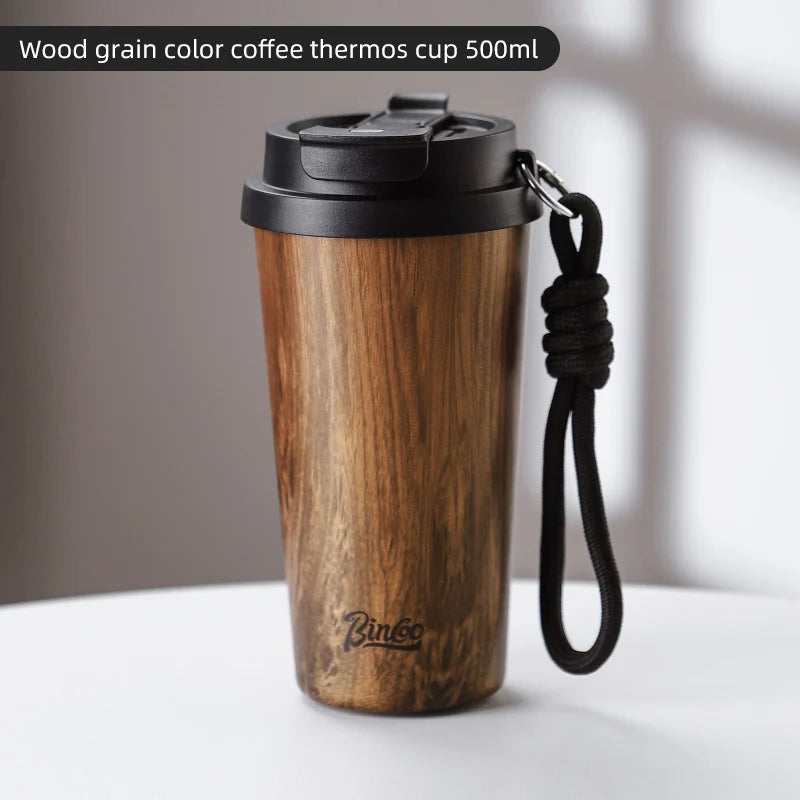 Bincoo 500ml wood grain pattern coffee thermal cup travel mug insulated vaccum portable 304 stainless steel thermos