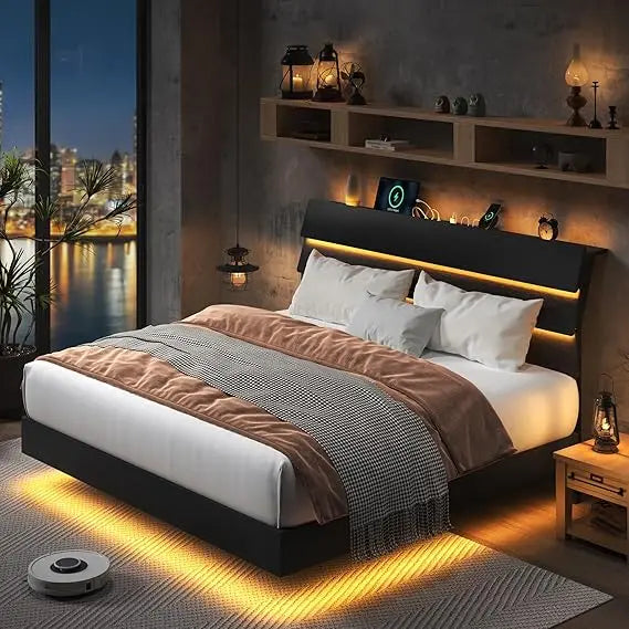 Feonase floating bed frame king with led lights and charging station wood full size storage headboard heavy dut - black