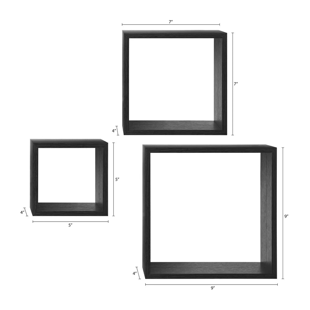 Modern black wood cube shelf set stylish floating storage easy installation home office décor 3 piece holds 5lbs each