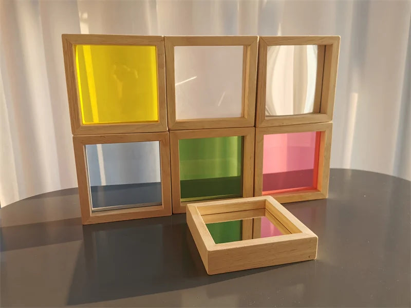Kids montessori wooden toy sensory rainbow mirror blocks solid rubber wood stacking acrylic building stacker