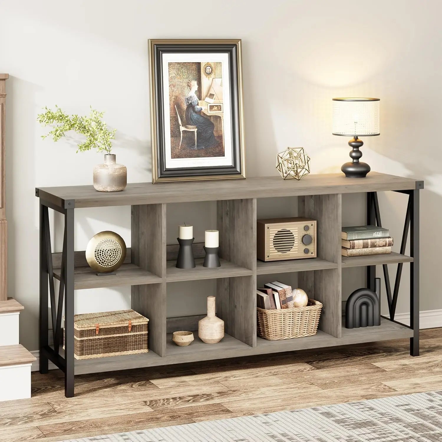 Farmhouse 8 cube storage organizer bookshelf rustic wood cubby bookcase industrial horizontal long shelf for living