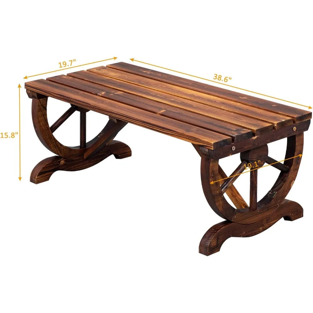 Outvita wooden garden bench outdoor rustic wagon wheel with carbonized finish & fir construction for porch backyar