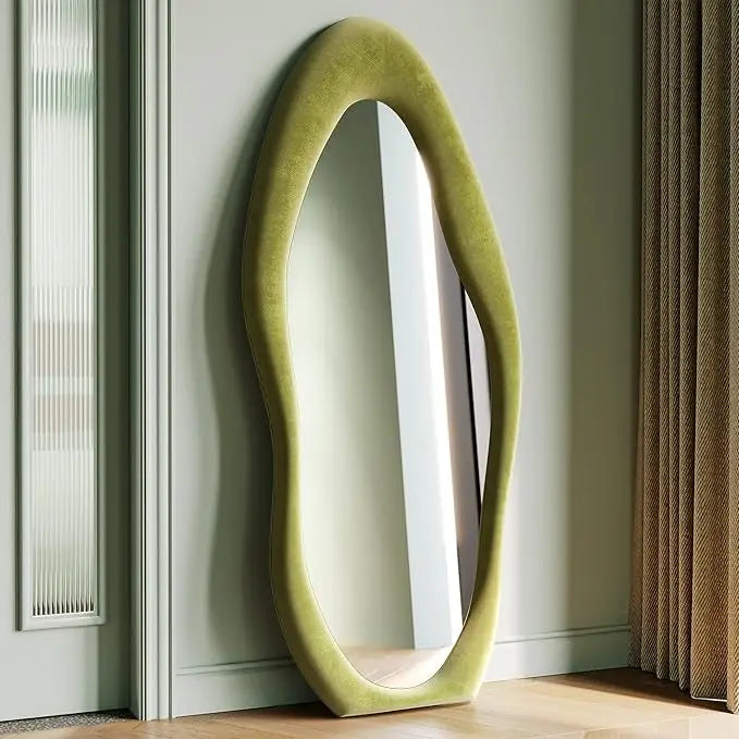 Full length mirror 63’’ x 24’’ wall flannel wrapped wood frame - wavy body for bedroom living room & cloakro - green