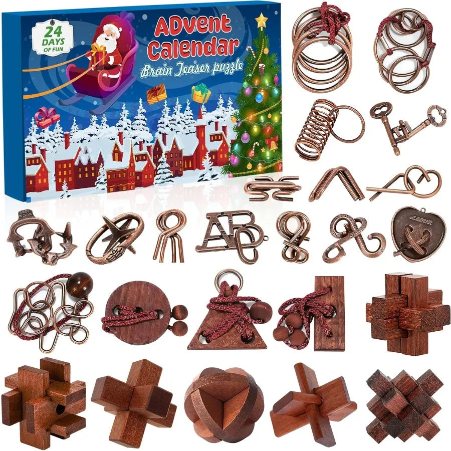 Advent calendar 2025 brain teaser for adults 24 days of metal puzzle ring wooden toy games christmas countdown