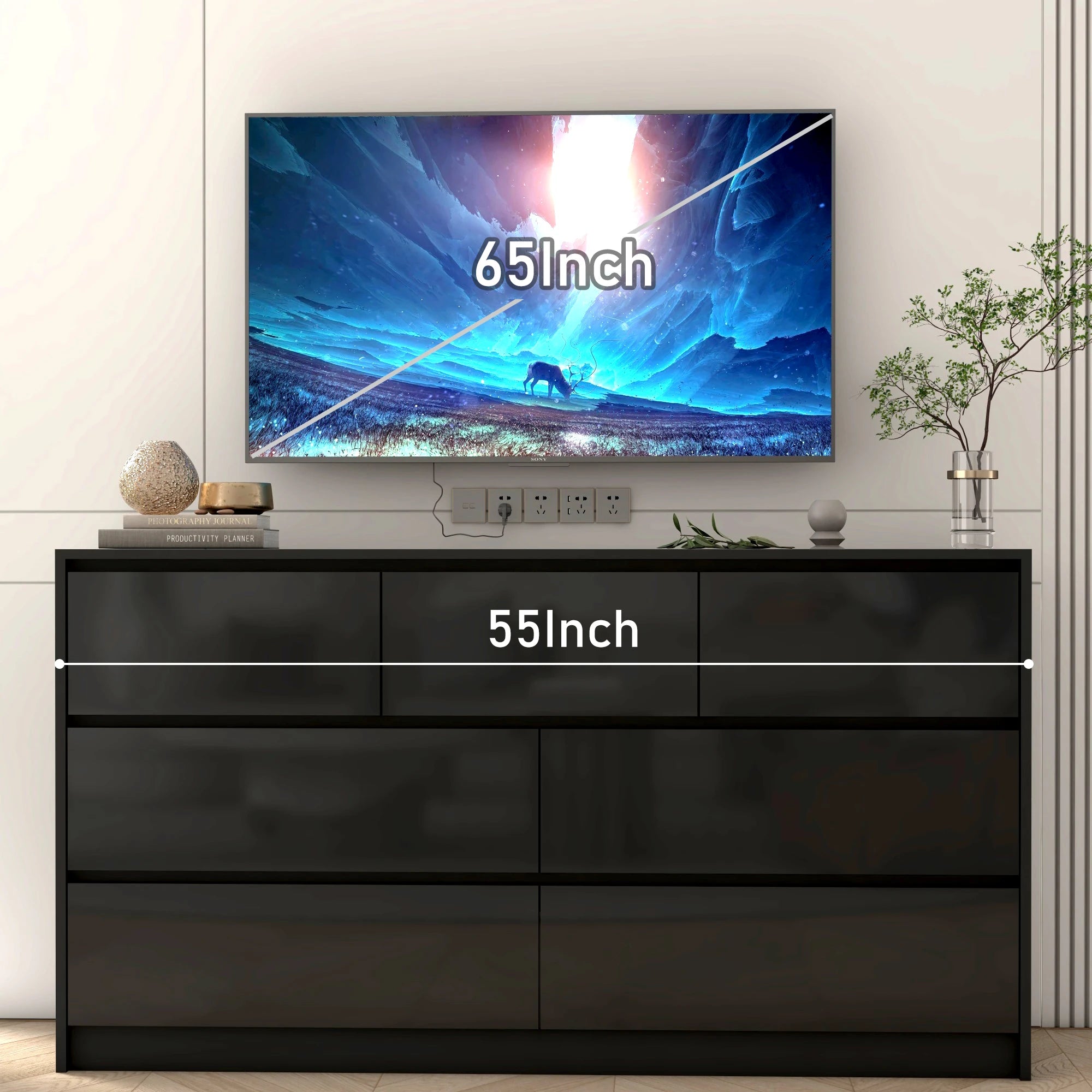 7 drawer dresser for bedroom 55 inch modern with high gloss drawers large wood chest of white/black - black / united