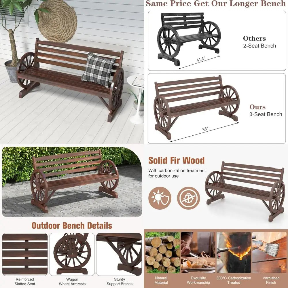 Rustic wooden wagon wheel 3-person patio bench with backrest for outdoor backyard furniture - style1 / united states