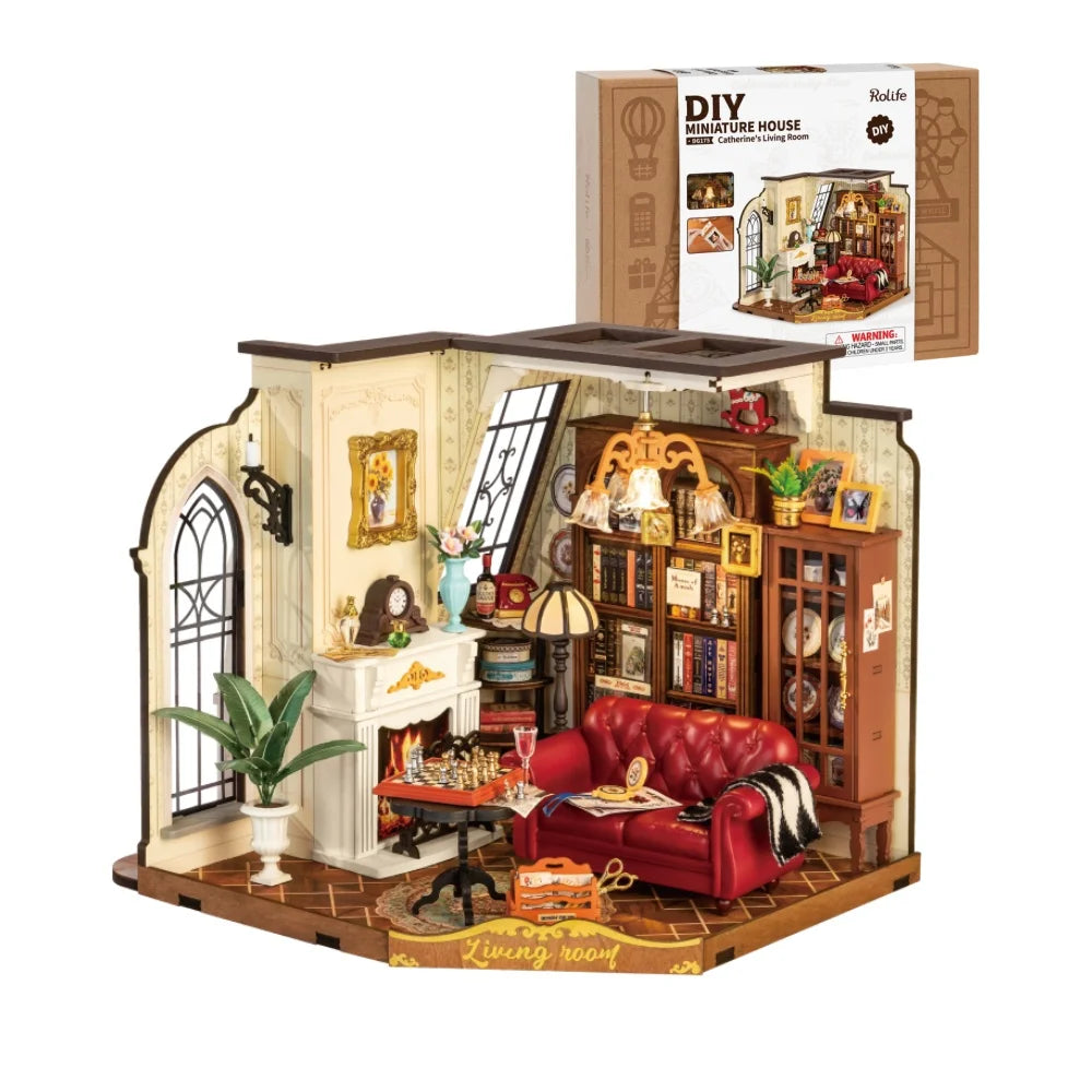 Robotime rolife catherine’s living room diy miniature house kit wooden dollhouse model building with led and furniture
