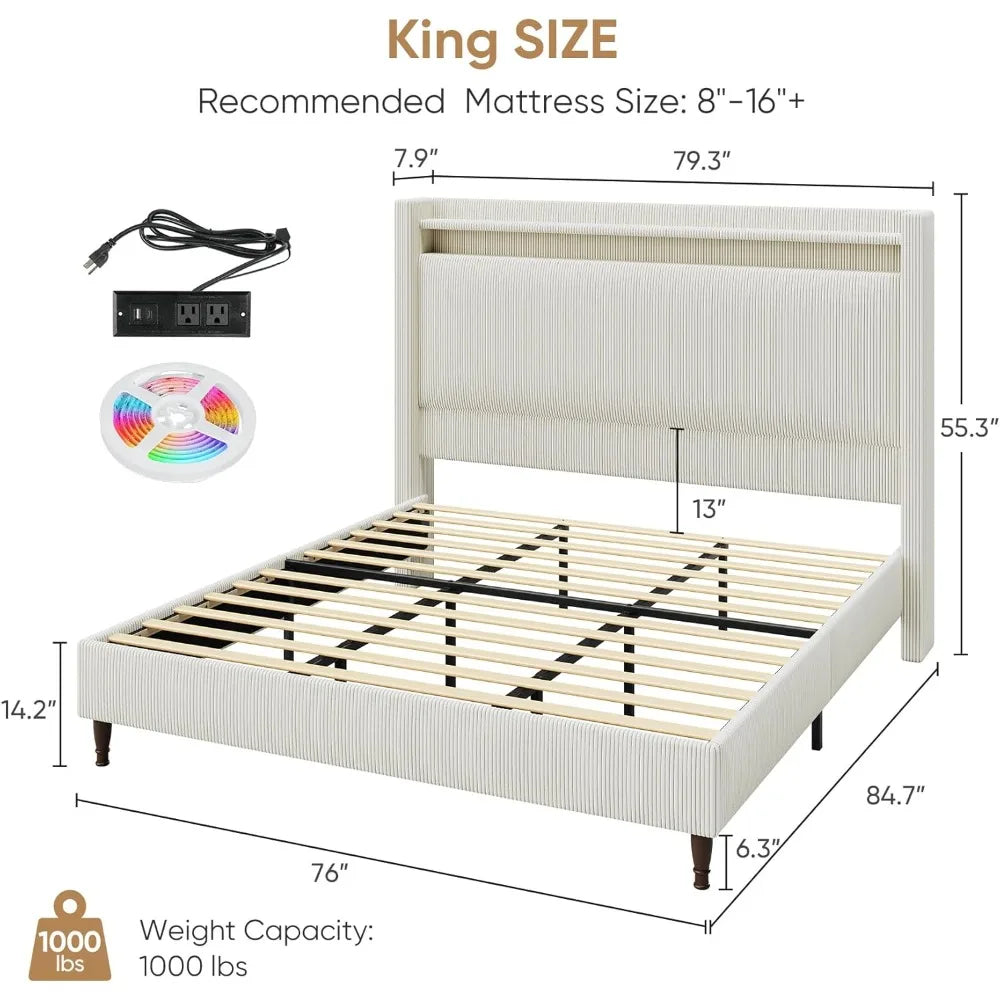 King size upholstered platform bed frame with tall headboard 55.3’’ corduroy led lighted charging station - cream