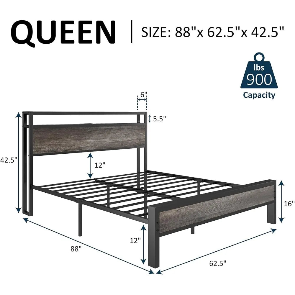 Queen size bed frame industrial platform with charging station 2-tier storage headboard/no box spring