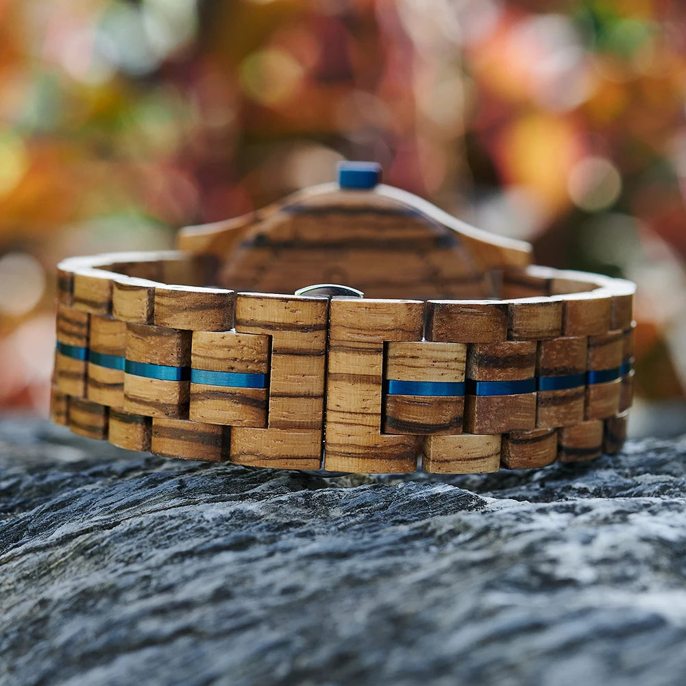 Bobo bird men’s wooden watch with blue dial – natural handmade wood wristwatch date display anniversary gift in box