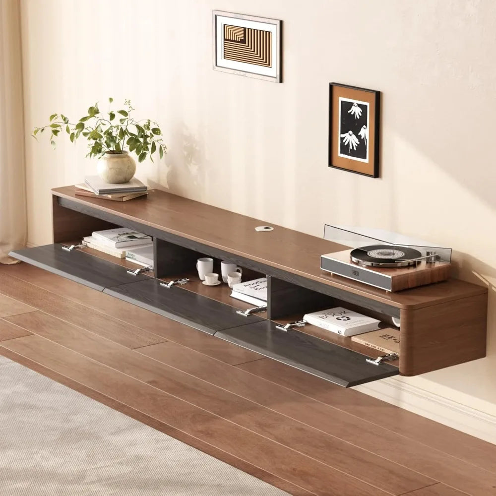 67-inch contemporary walnut floating tv stand with 3 flip-down doors and solid wood media storage - united states