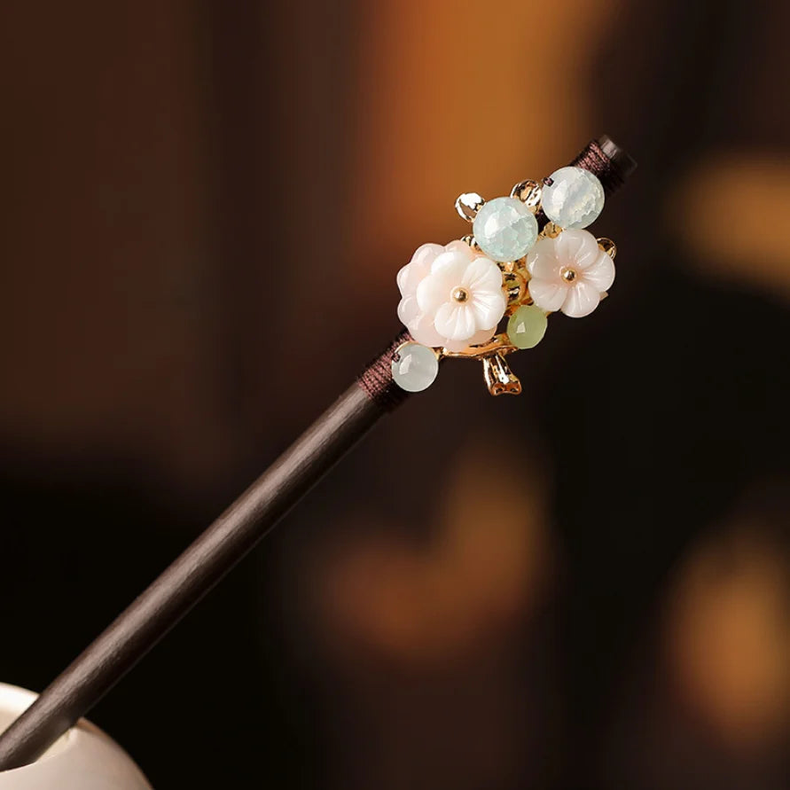 Retro flower hair forks long tassels wooden sticks pearls bead step shake chinese wedding bridal hairpins clips jewelry