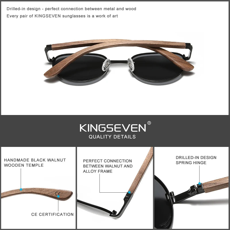 Kingseven brand polarized wooden sunglasses for men women uv400 mirror lens male eyewear round frame handmade causal
