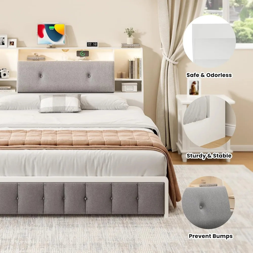 Headboard queen size with storage upholstered wood bookcase charging station & 2 led lights (white queen-soft)