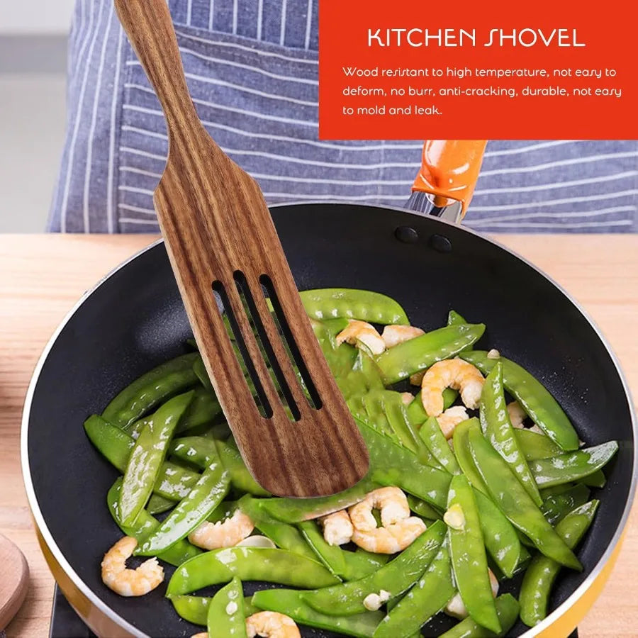 Wooden leaking shovel long handle slotted spatula for cooking and serving kitchen utensil made of premium wood - united