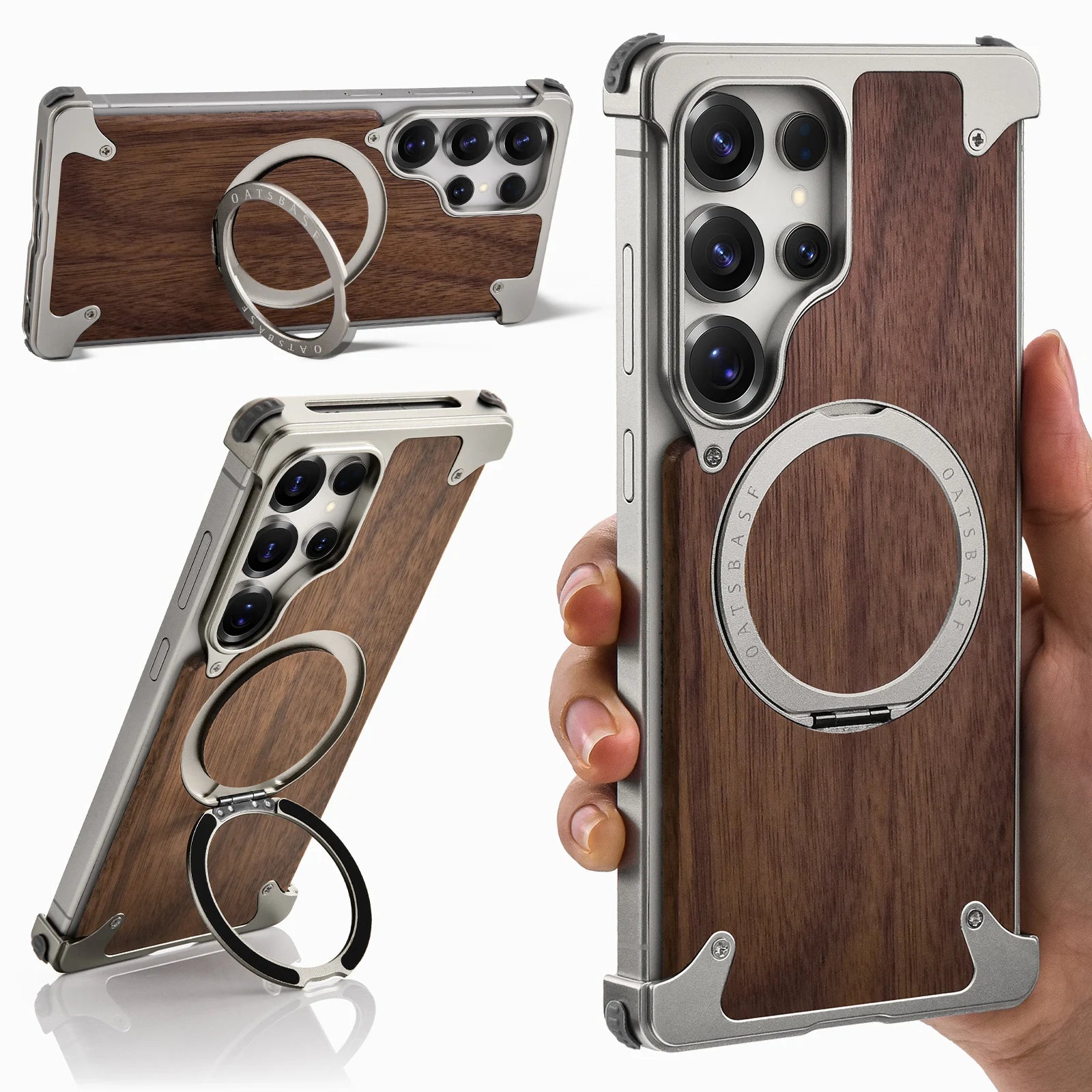 Oatsbasf wood phone case for samsung galaxy s25 s24 ultra with 360° rotatable stand wireless charging wooden protective