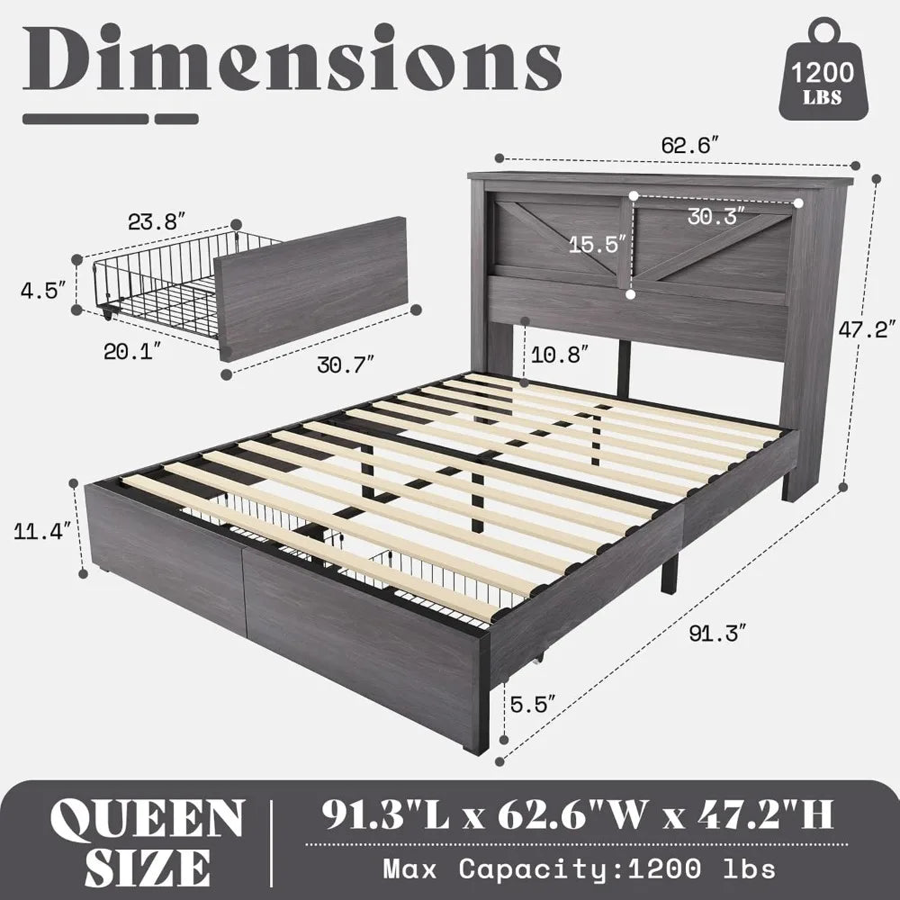 Amerlife 47.2’’ h queen bed frame with hidden space bookcase headboard and charging station beds 2 storage drawers wood