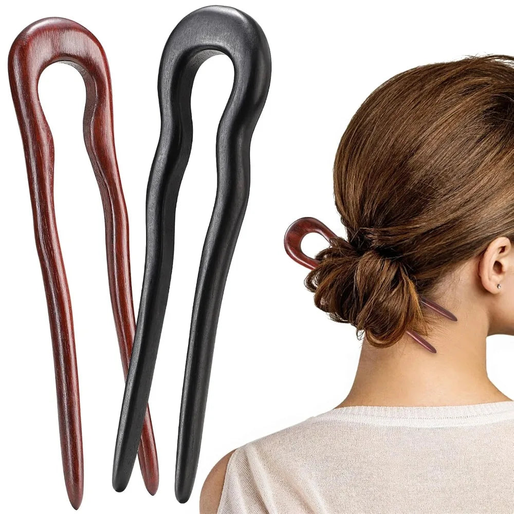 Noverlife 2pcs wooden u shaped hairpins for long hair handmade french stick vintage 2-prong wave forks ebony - united