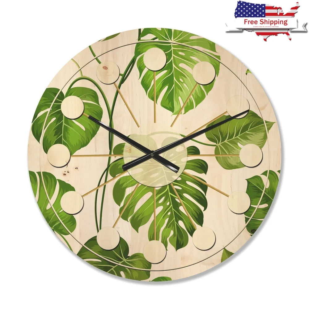 Mid century modern wood wall clock tropical leaves art print ready to hang natural pine unique home decor battery