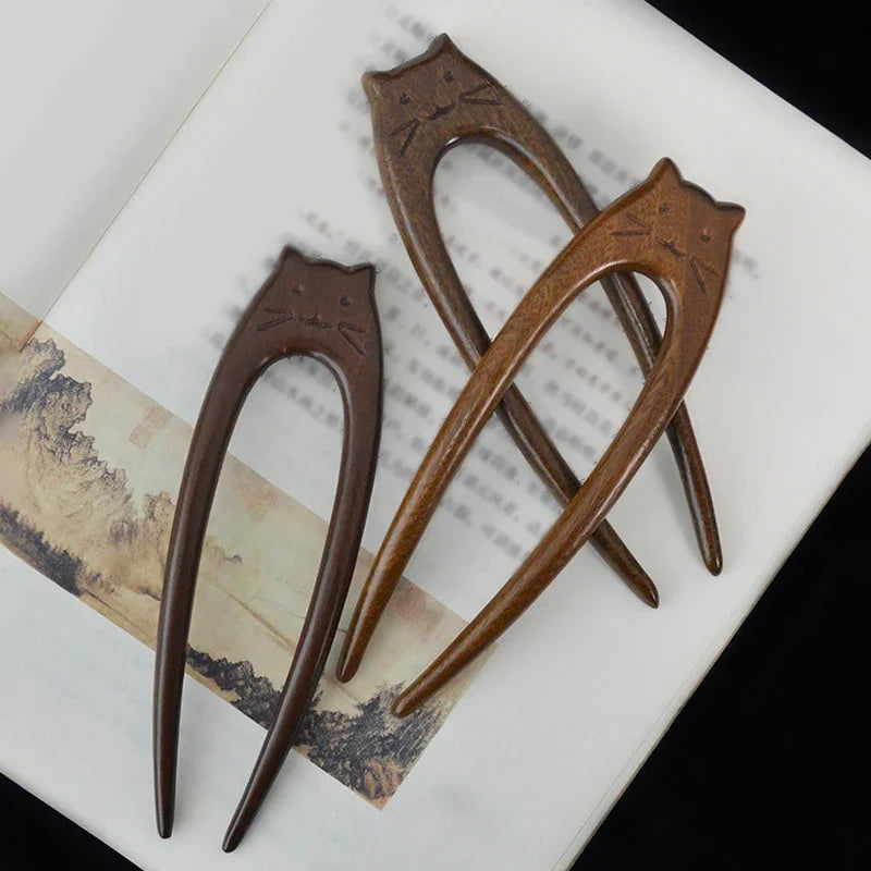 Chinese cat pattern hair sticks wooden u shaped forks for women girls hanfu hairpin headwear headpieces accessories