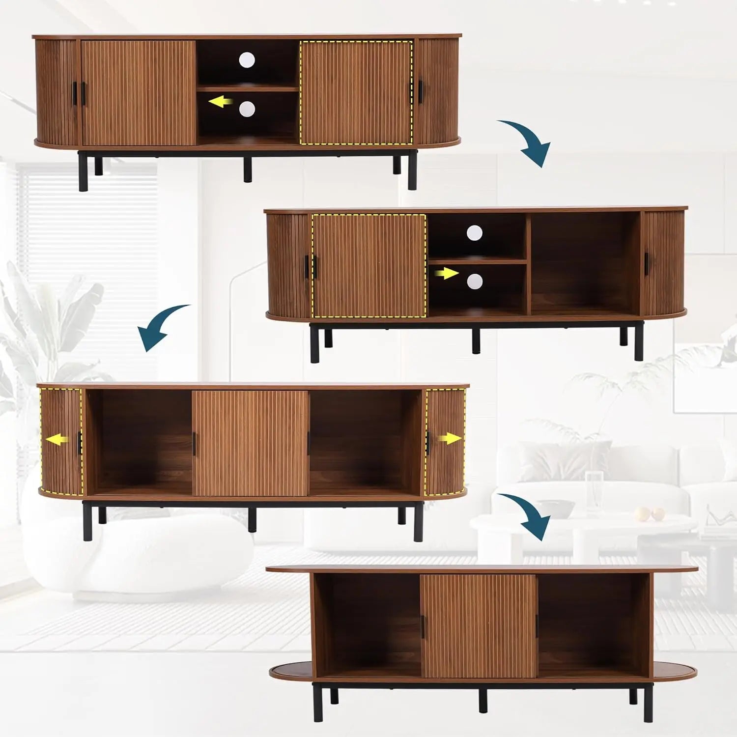 62’’ tambour door tv stand,wood mid century modern cabinet for up to 70“ tv,curved edge long stand with storage