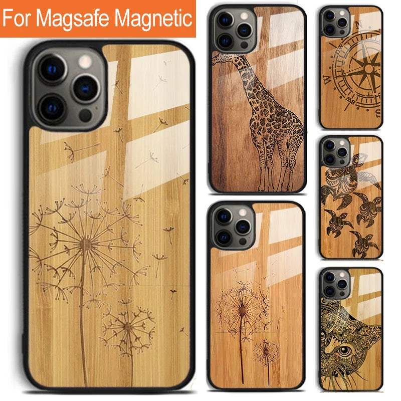 Bamboo wooden animals phone case for iphone 17 air 16 15 14 12 pro max plus magsafe magnetic wireless charging cover