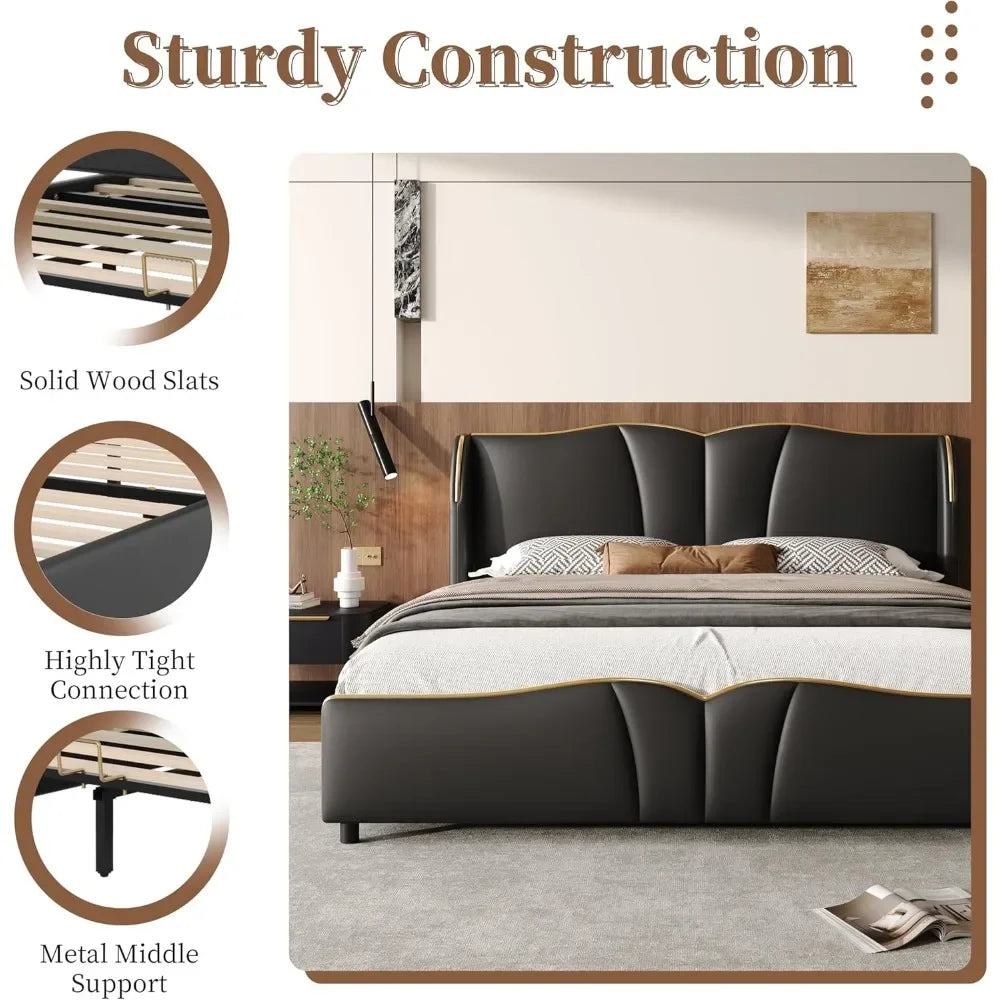 Modern luxury leather platform bed frame - wingback headboard & wavy footboard no box spring required