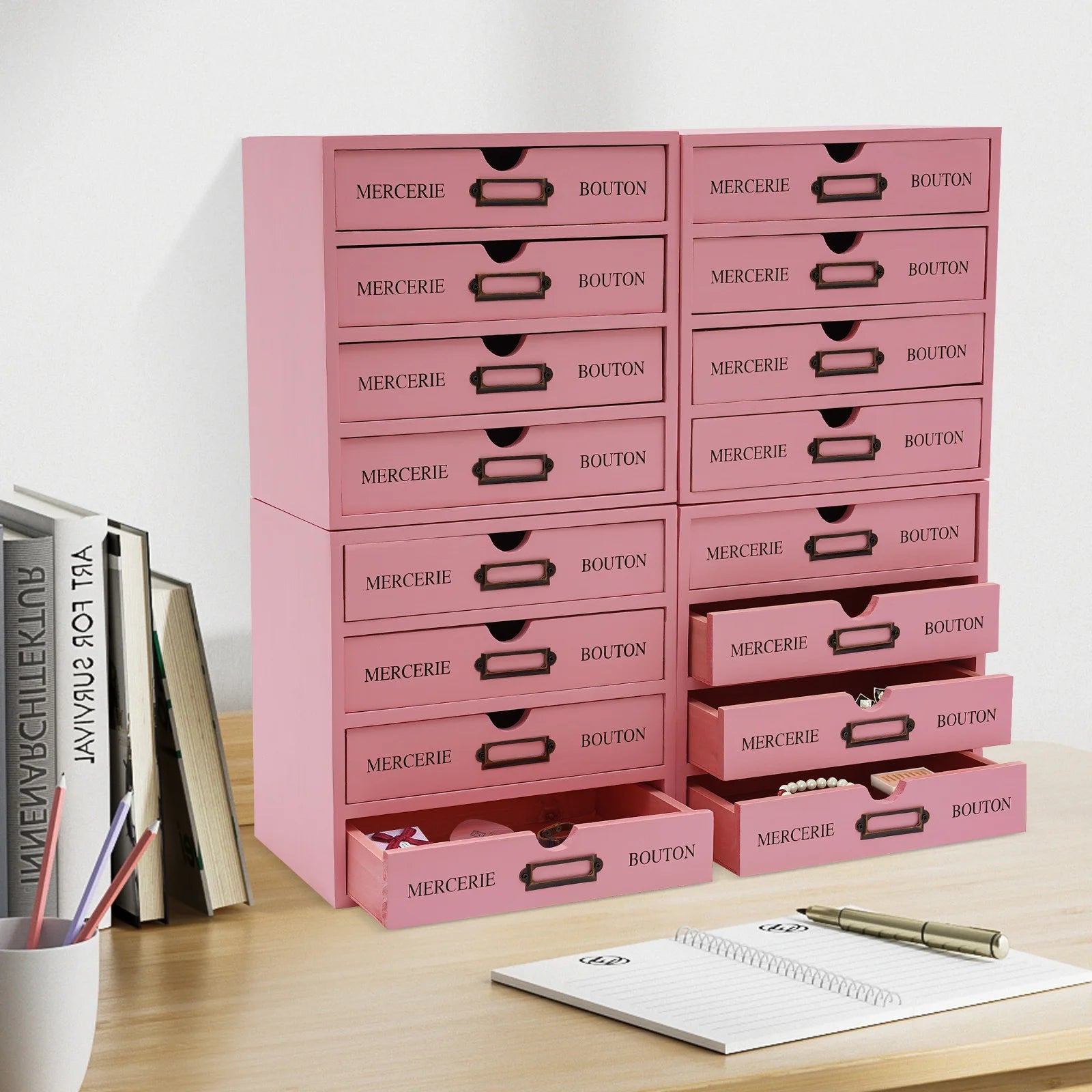 Pink 16-drawer wooden storage box 16-slot file multi level countertop drawer organizer - united states / 16-20 cells