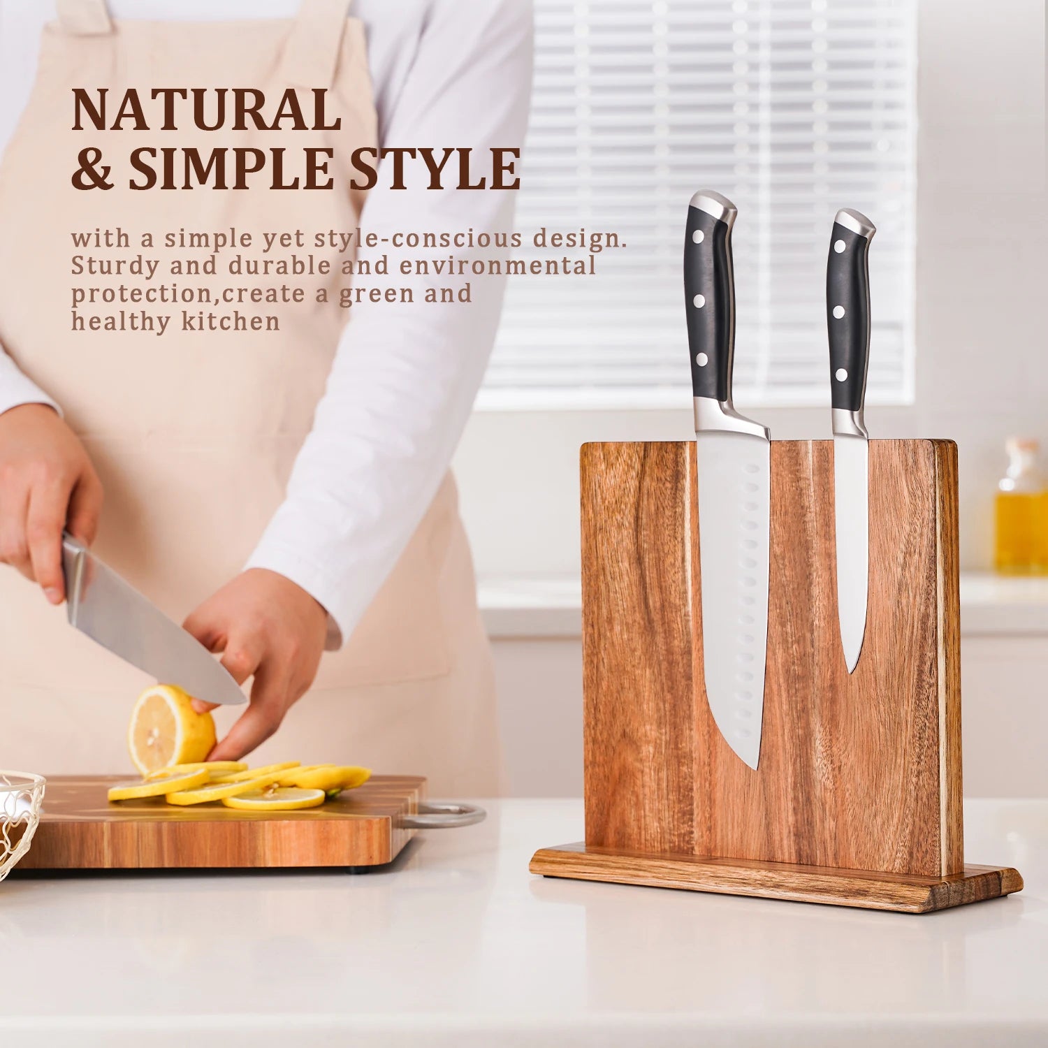 New acacia wood home kitchen magnetic knife block holder rack stands with strong enhanced magnets