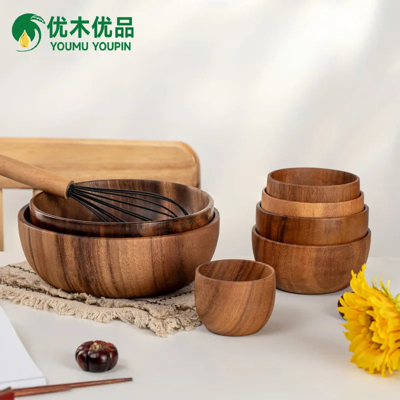 Japanese solid wood round fruit dish household dim sum salad baby fall proof wooden bowl whole thickened - 24x4.5cm