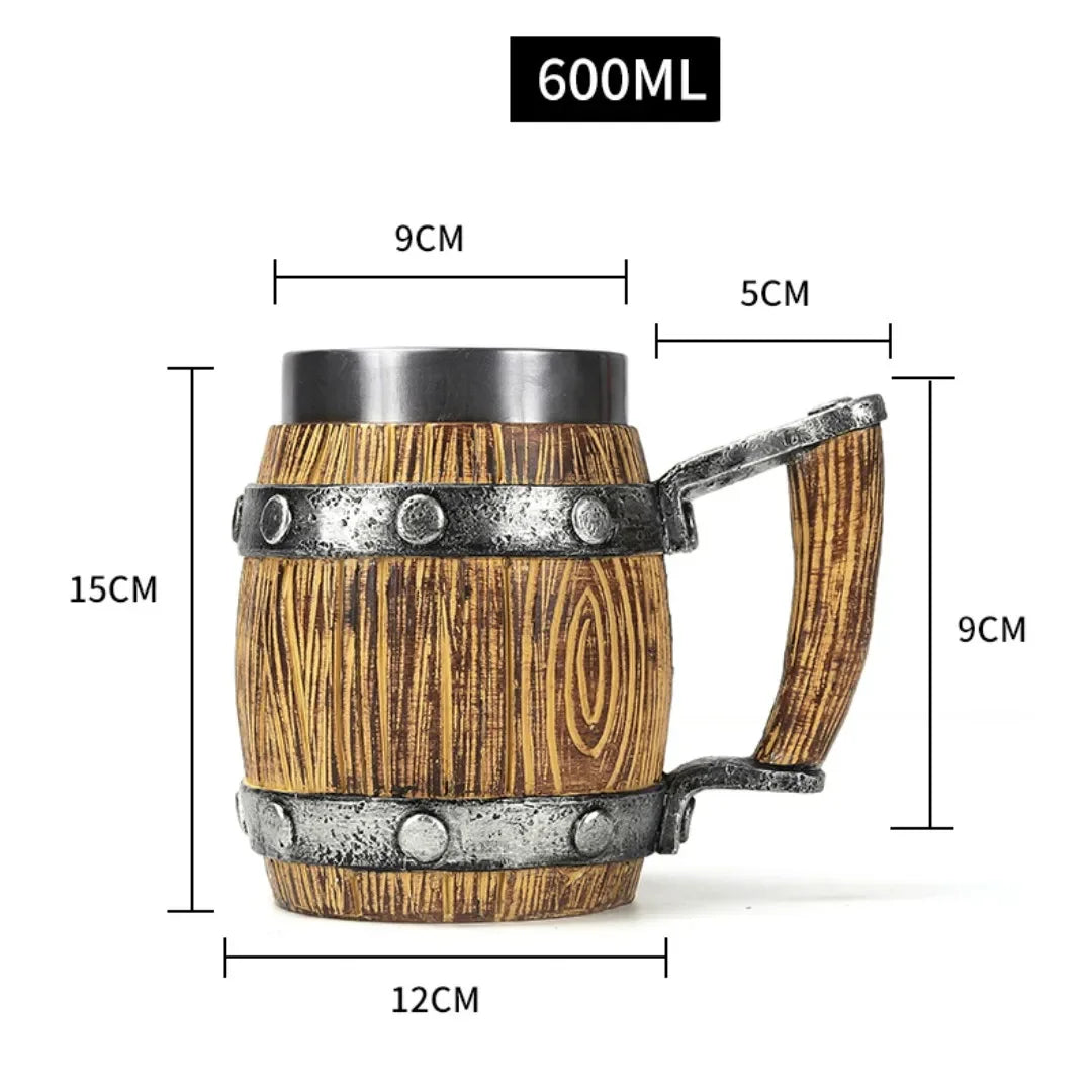 Viking wood style beer mug 3d resin stainless steel coffee cup wine glass metal double wall jug thermal - 118 / 600ml
