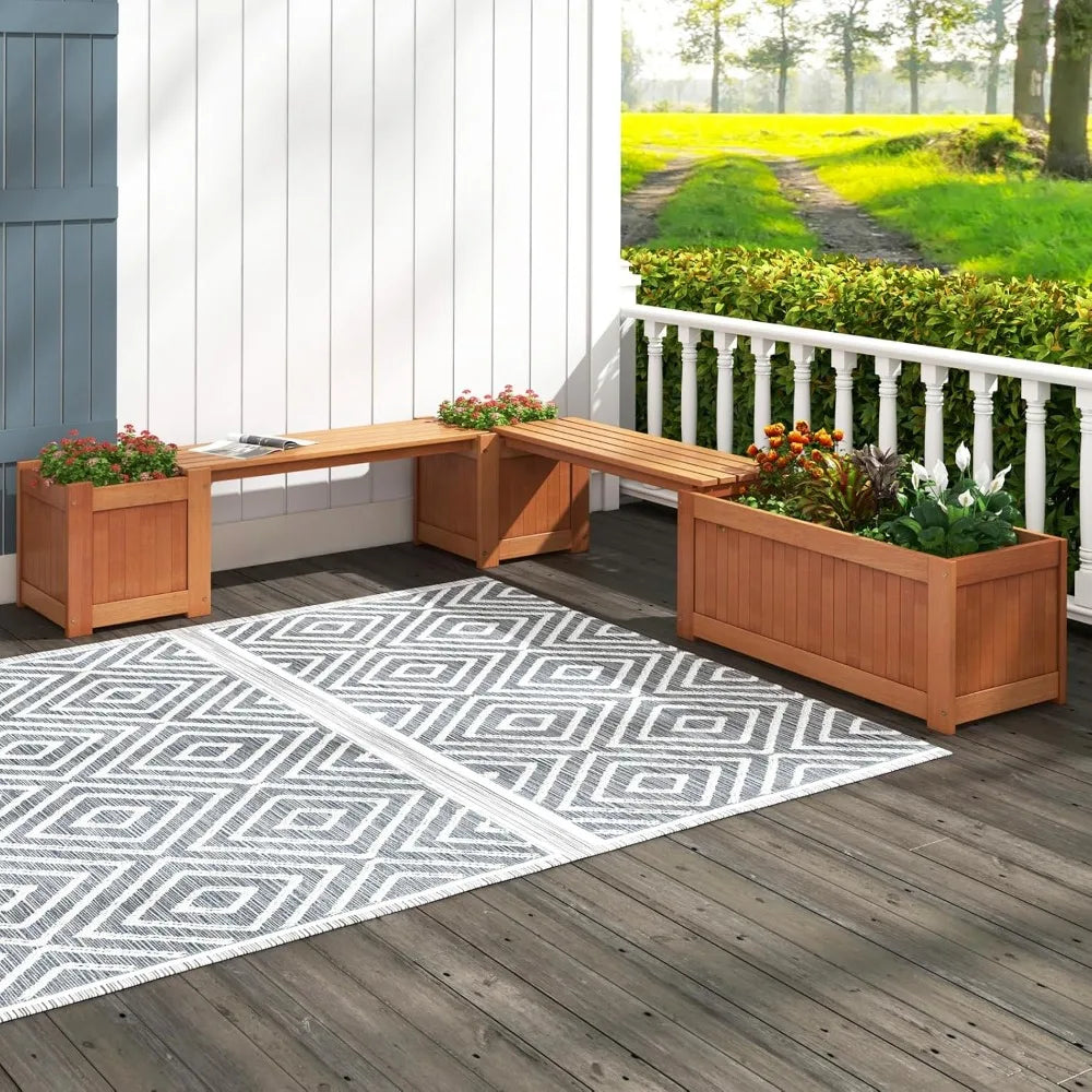 3-in-1 outdoor bench with large raised beds & 2 planter boxes wood garden bed open base weather-resistant deep pl