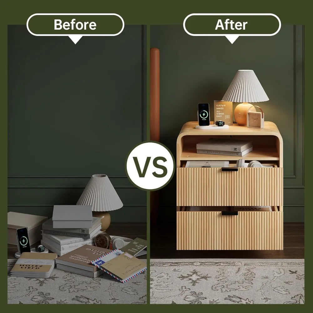 Fluted nightstand with charging station wooden end table 2 drawers storage curved profile design modern bedside cabinet