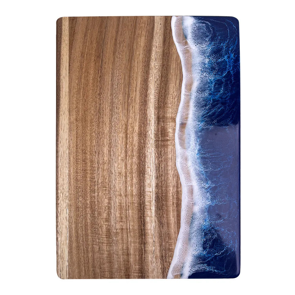 Acacia wood cutting board with resin wave & sea epoxy ocean pan for kitchen meal prep serving tray cheese cutting - e