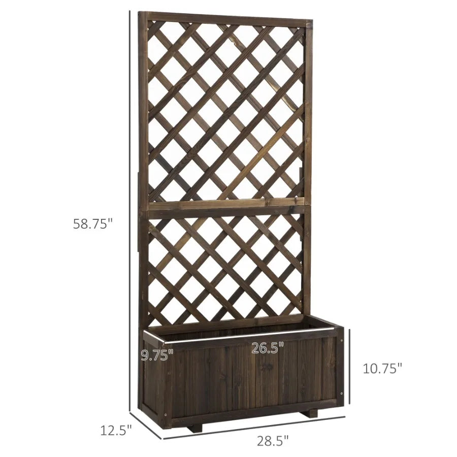 Wooden raised garden bed with trellis planter box drain holes for climbing vine plants brown - united states