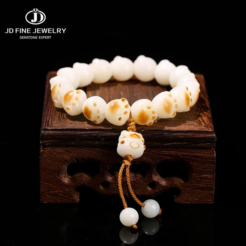 Jd natural wooden bodhi beaded cut cat paw bracelet women men cartoon handmade stretch bangles couple girls jewelry