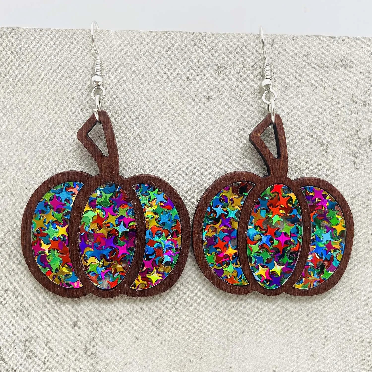 New autumn thanksgiving earrings halloween pumpkin wooden inlaid acrylic glitter jewelry for women gifts - united
