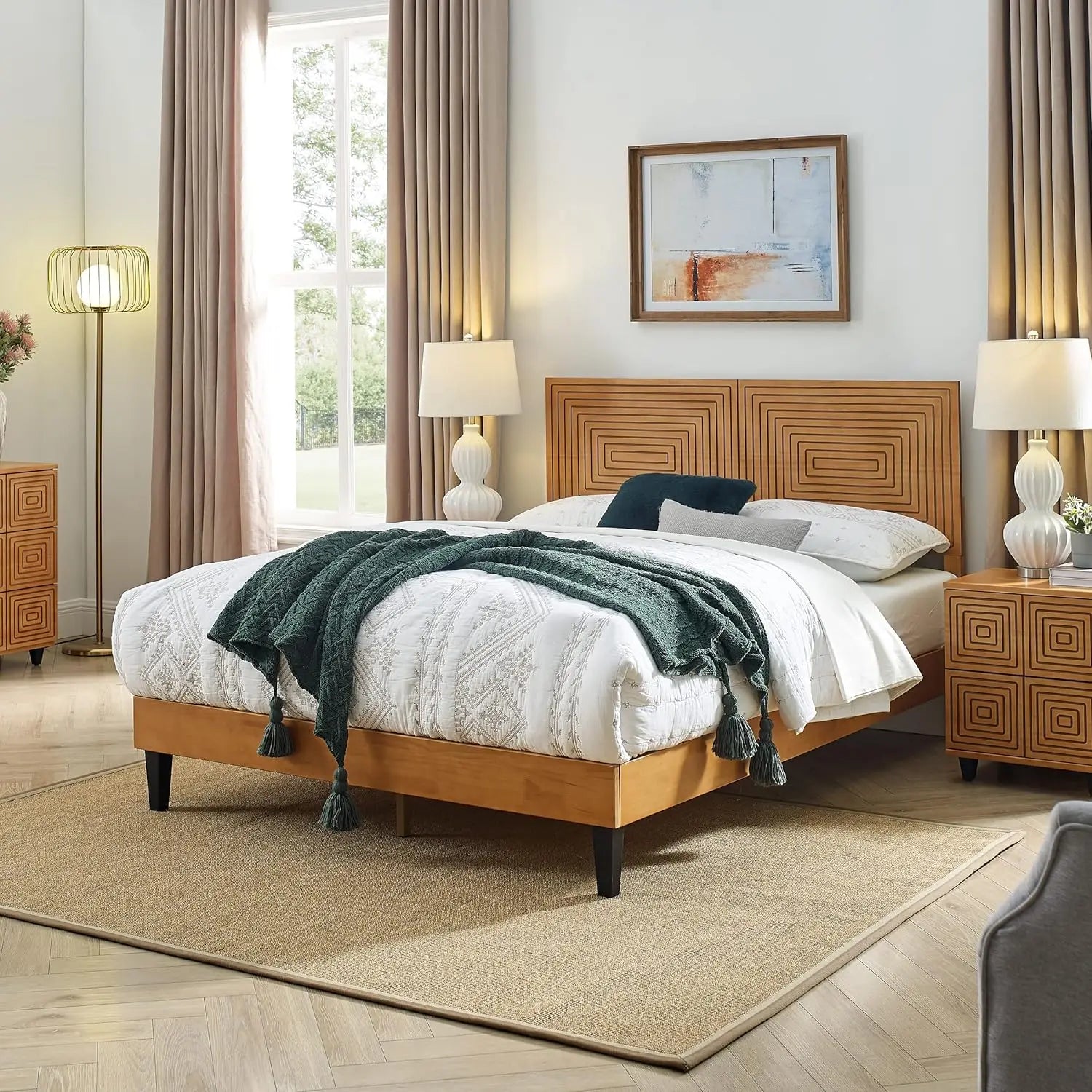 Solid wood king size bed frame with adjustable height headboard mid century modern style mattress foundation - honey