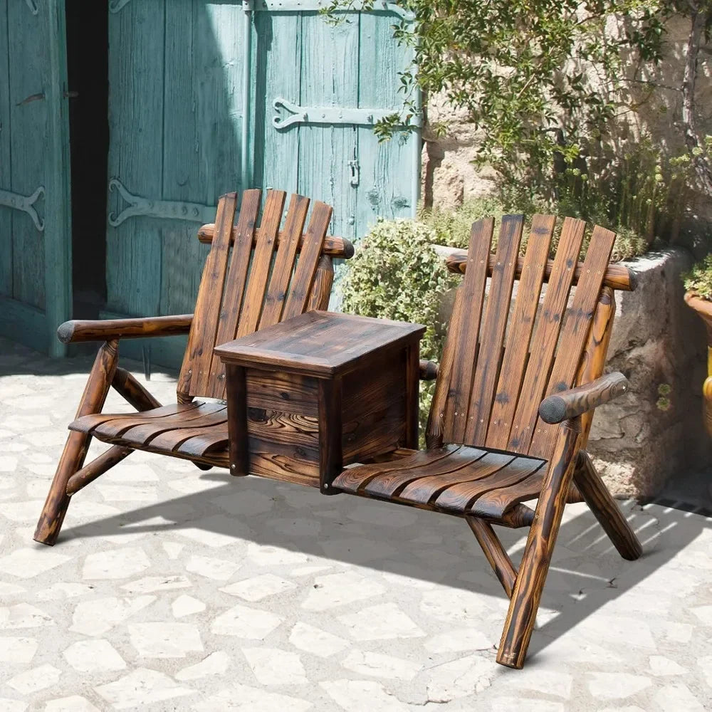 Double wooden adirondack chair with built-in ice bucket. Outdoor loveseat high backrest for patio garden & poolside.