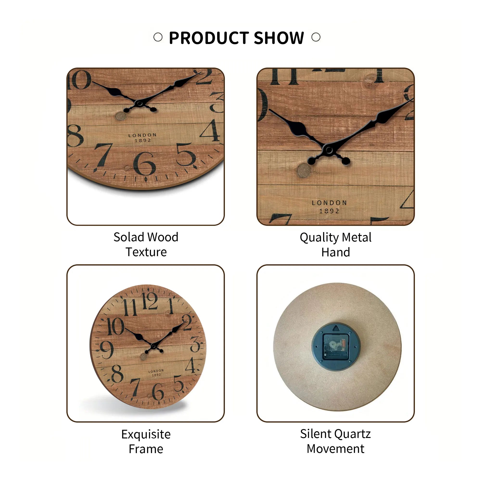 Retro brown wood textured pattern wall clock round wooden silent suitable for living room bedroom decor classic h