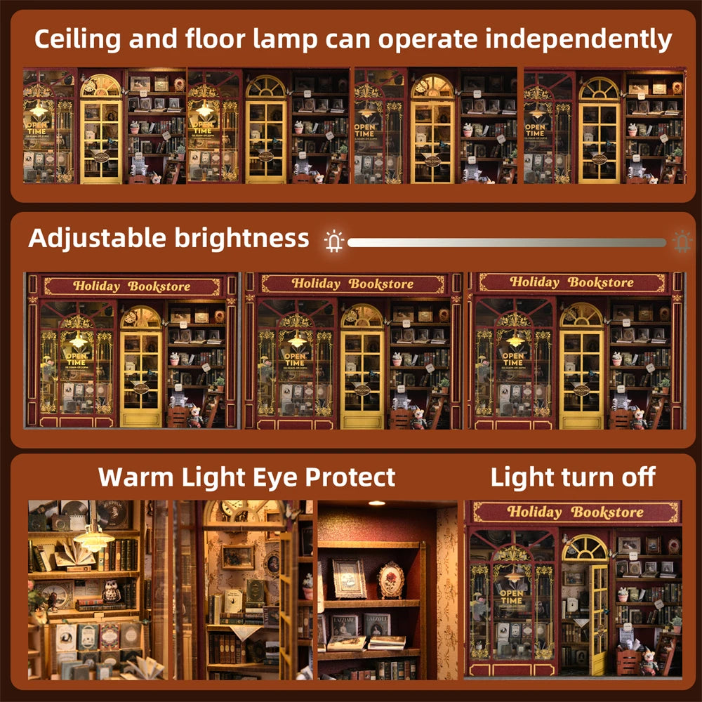 Book nook kit holiday bookstore diy 3d wooden puzzle dollhouse photo frame ornament model bookend building home