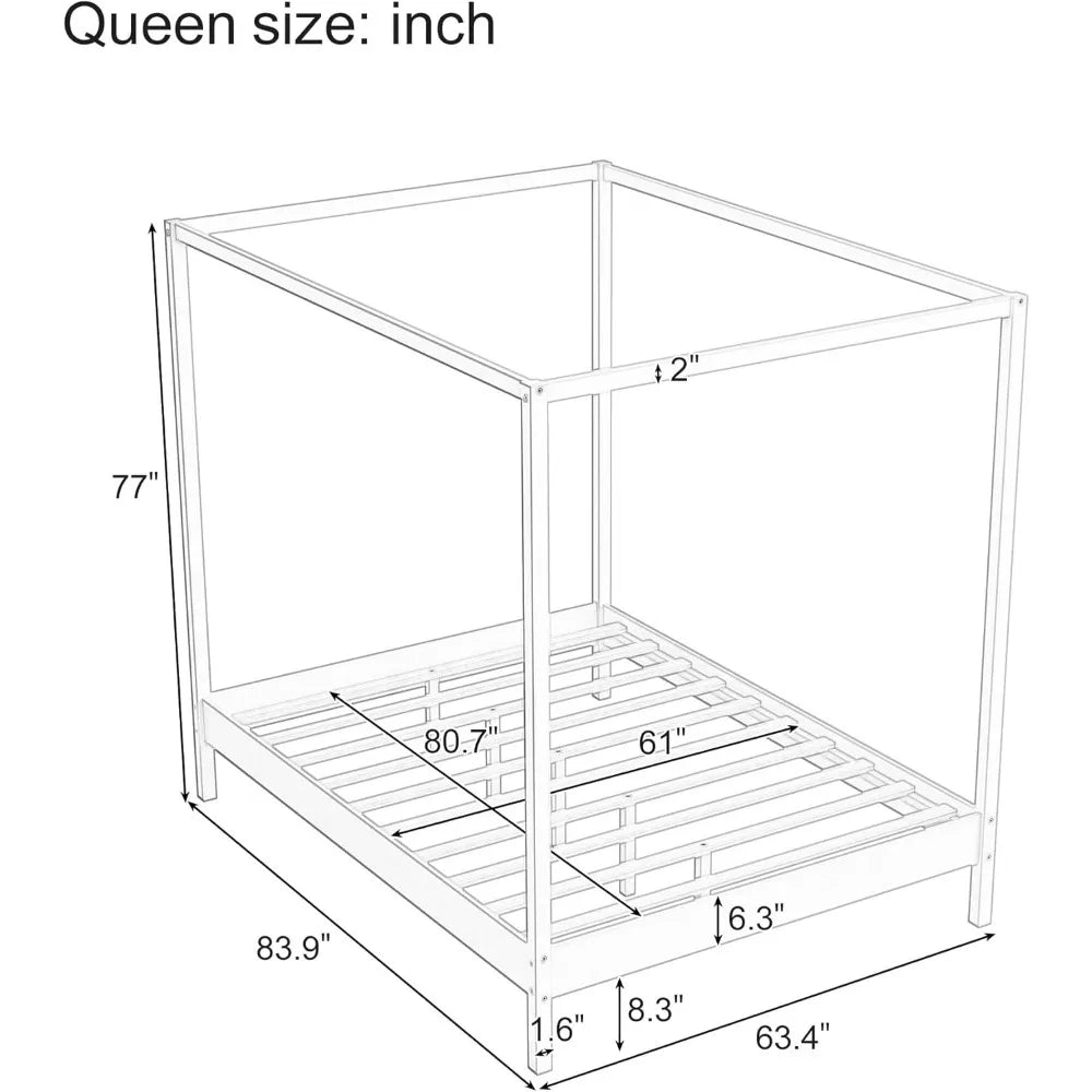 Queen size solid wood four poster canopy bed frame with platform slats support - light natural / united states