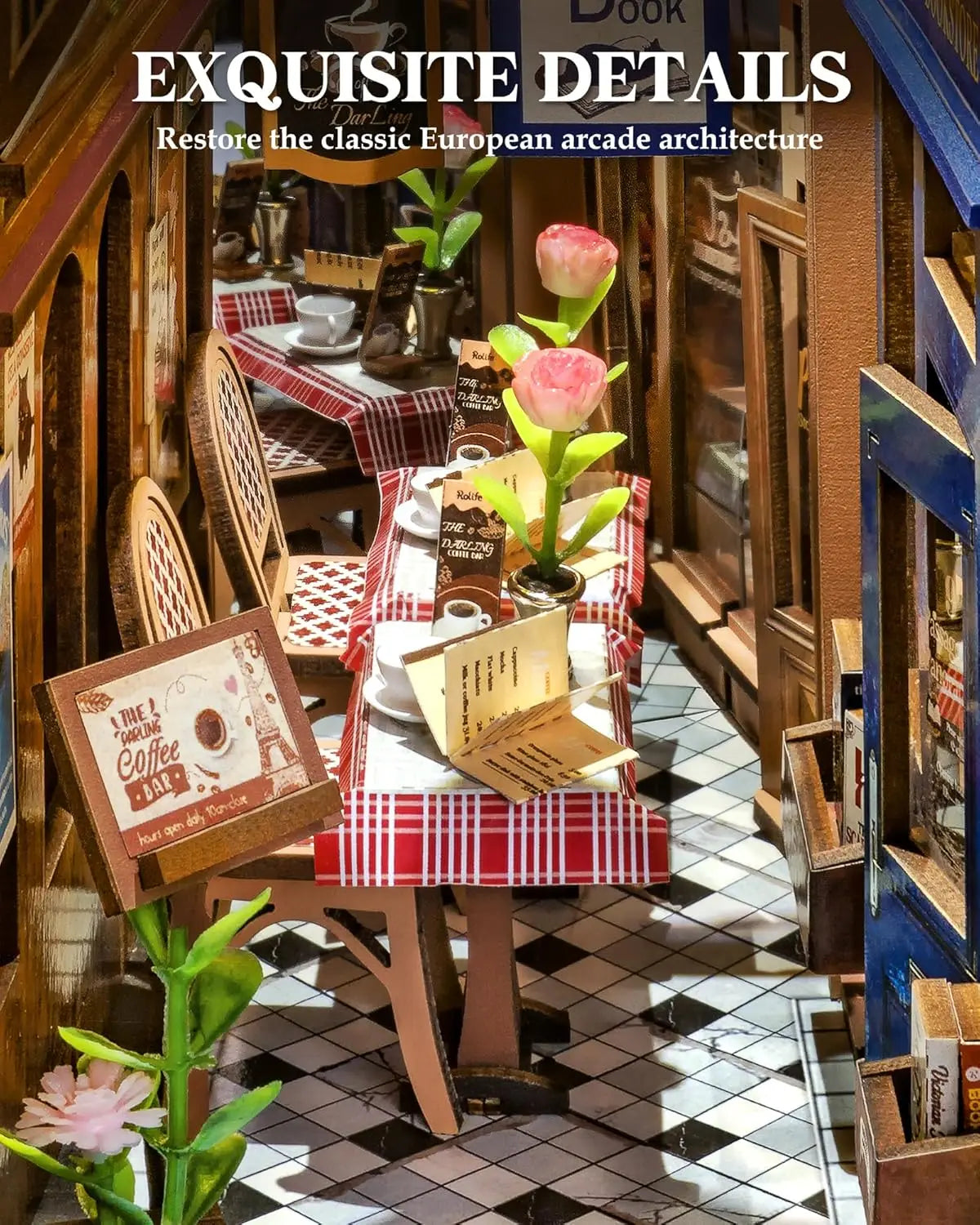 Robotime arcade dating booknook with dust cover diy miniature dolls house kit 3d wooden puzzle bookend bookshelf decor