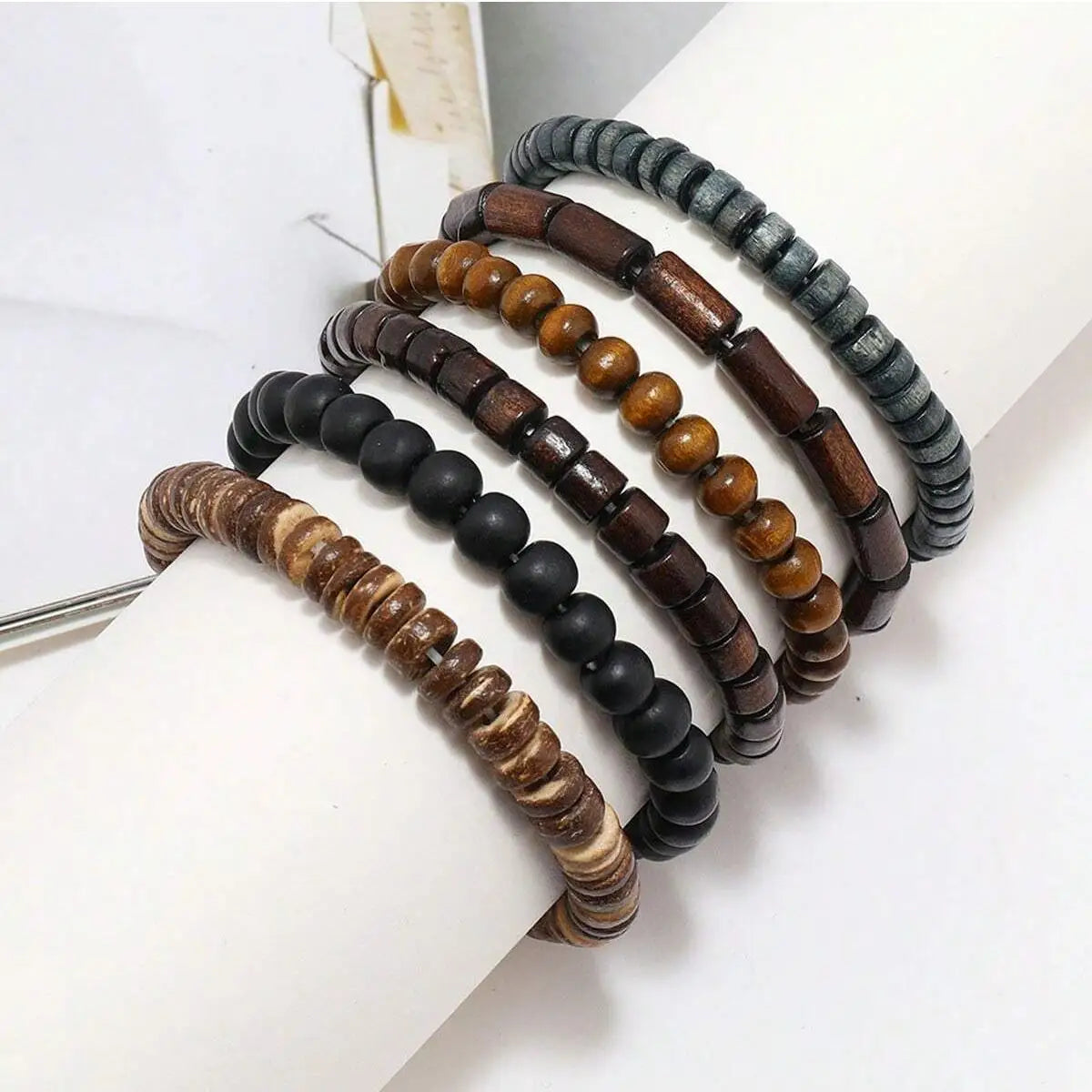 6pcs wodeen braided wrap leather bracelet for men vintage life wood beads fashion male armband - united states / 6pcs