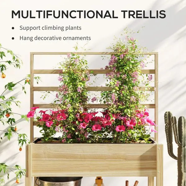 Outsunny wooden raised garden bed with trellis outdoor planter box storage shelf for vegetables flowers herbs - united
