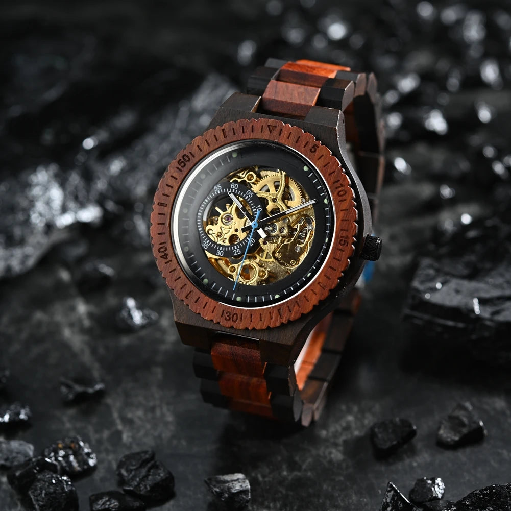 Wooden automatic mechanical watch men wristwatch bobo bird top fashion luminous hands clock custom gift box relogio