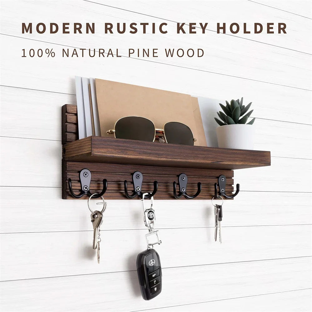 Wooden key holder for entryway decor wall mounted mail organizer and hanger with 4 hooks rustic rack keys sunglasses